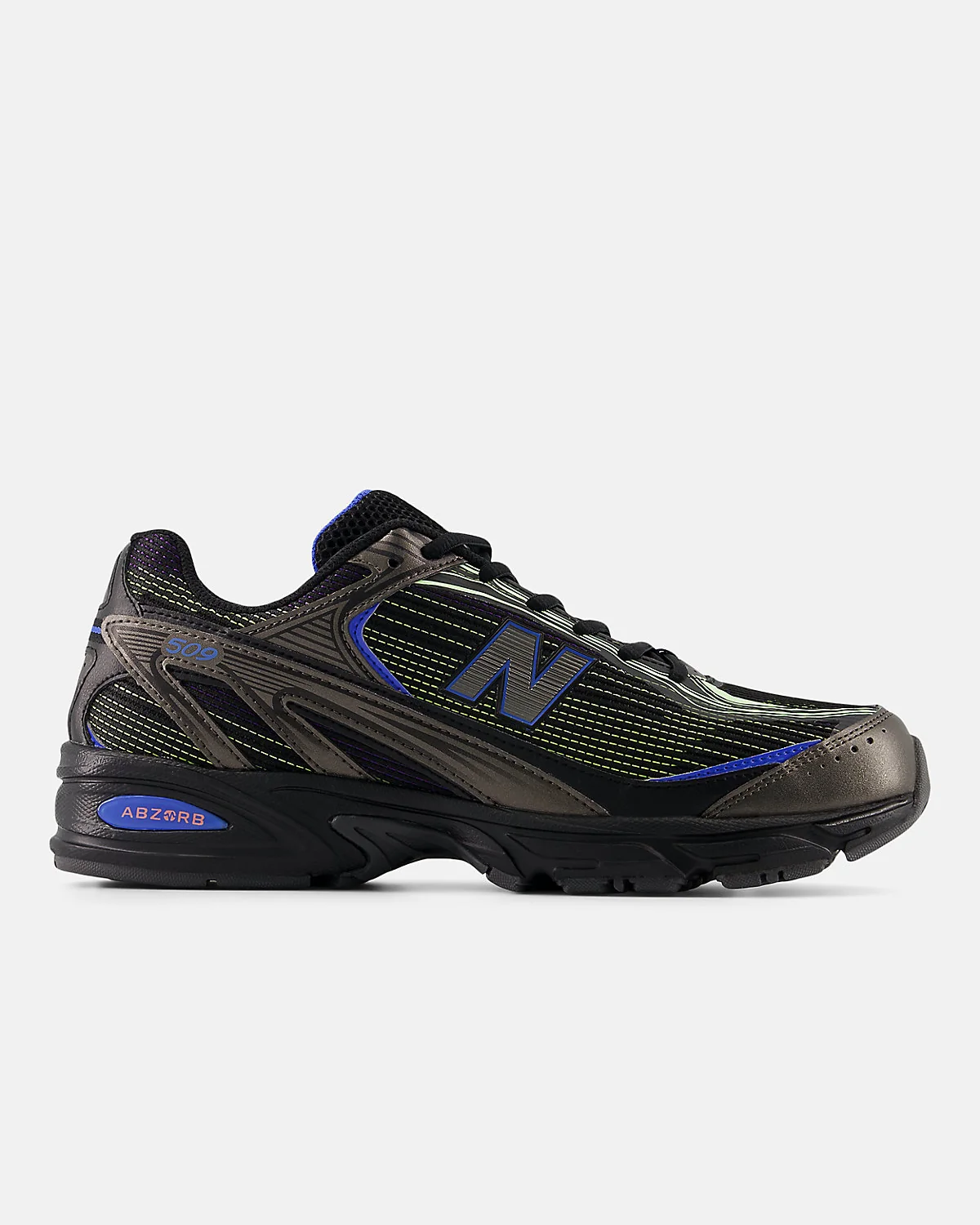 Кроссовки New Balance 509 с бежево-чёрно-голубой расцветкой, вид сбоку.