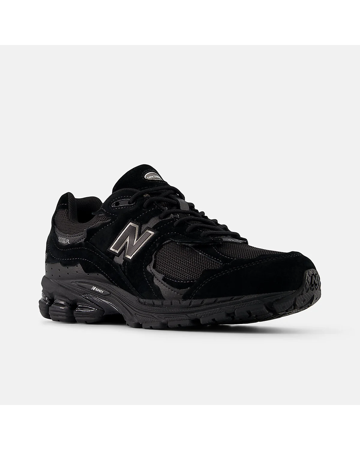 Чёрные кроссовки New Balance 2002DX с чёрным металликом, другой ракурс.