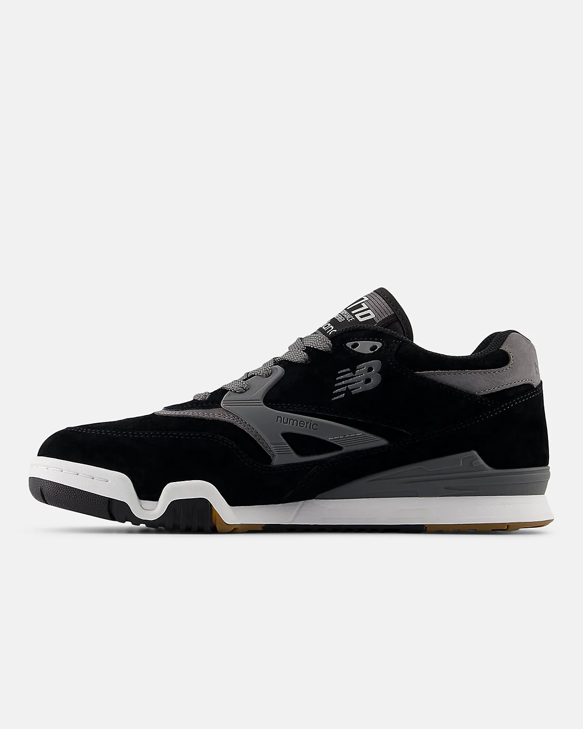 Крупный план замши и сеточной вставки на чёрных кроссовках New Balance 770.