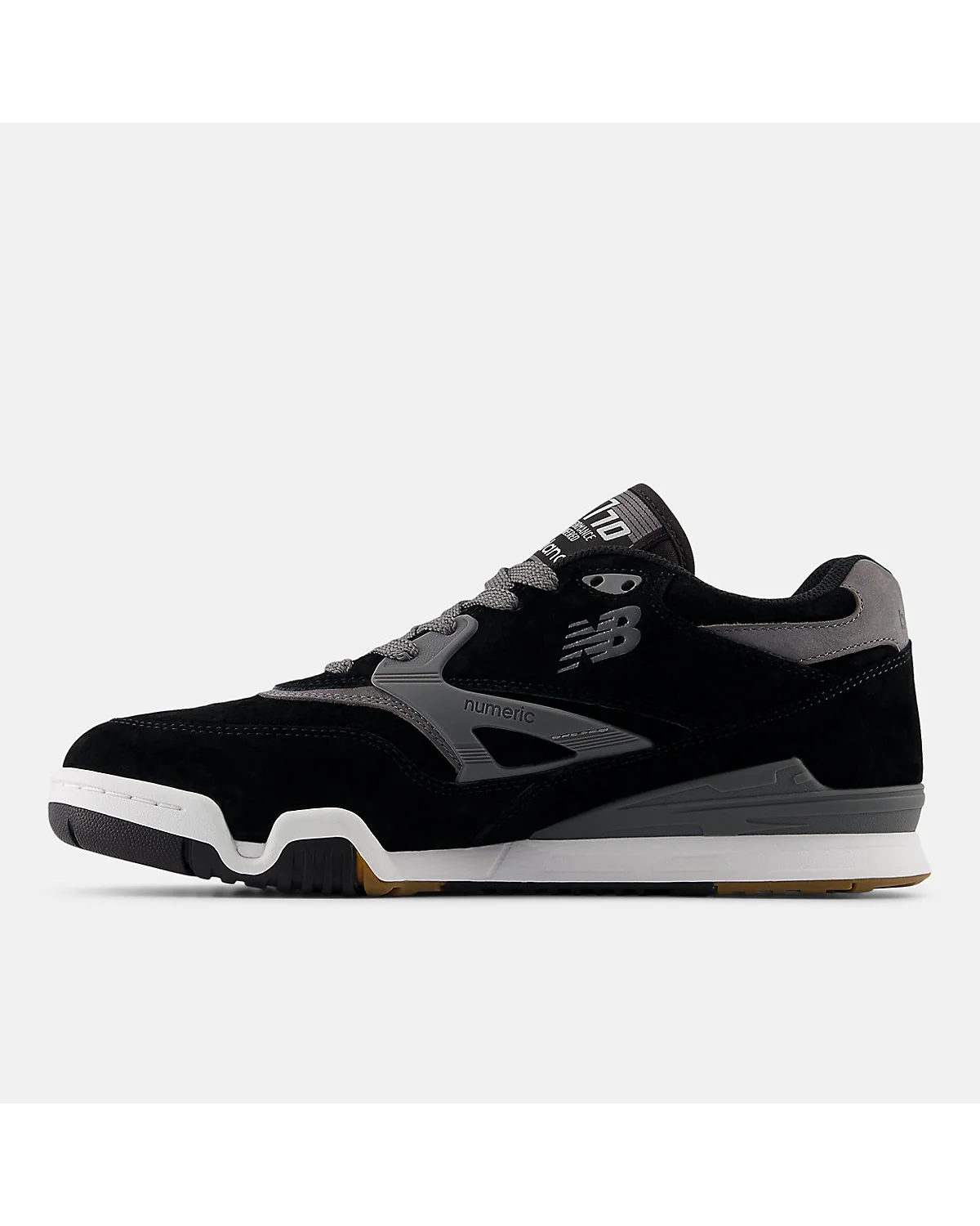 Крупный план замши и сеточной вставки на чёрных кроссовках New Balance 770.