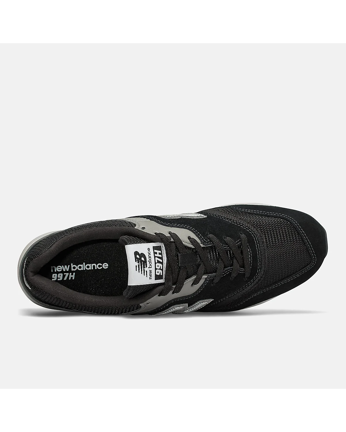 Подошва чёрных кроссовок New Balance 997H с маркировками, вид сверху.
