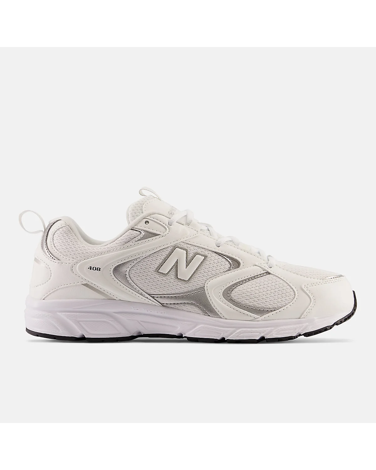 Белые кроссовки New Balance 408 с серебристыми вставками, вид сбоку