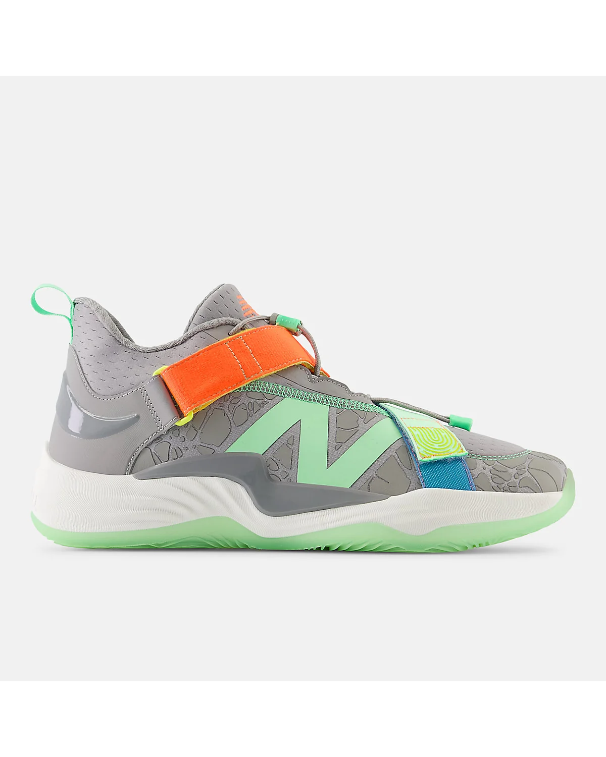 Тренировочные кроссовки New Balance Lindor 2 серо-оранжево-зелёные, вид сбоку.