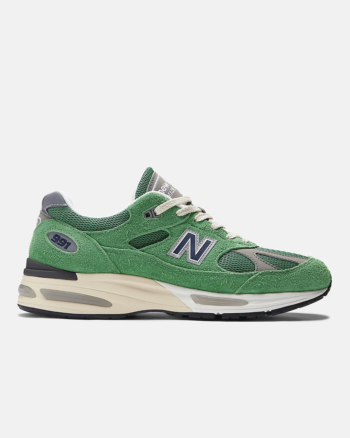 Кроссовки New Balance 991v2 Grounded голубые с эффектом денима, вид сбоку.