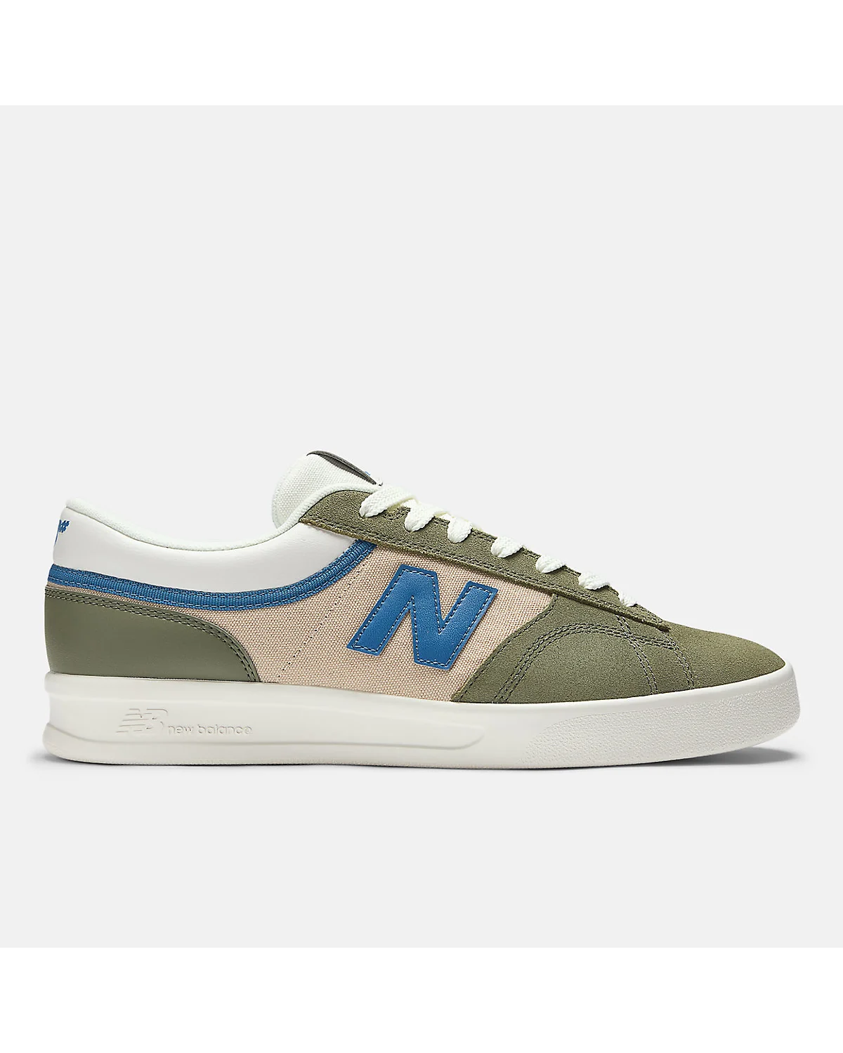Кеды New Balance Numeric 430 оливково-бежевые с синим логотипом N, вид сбоку.