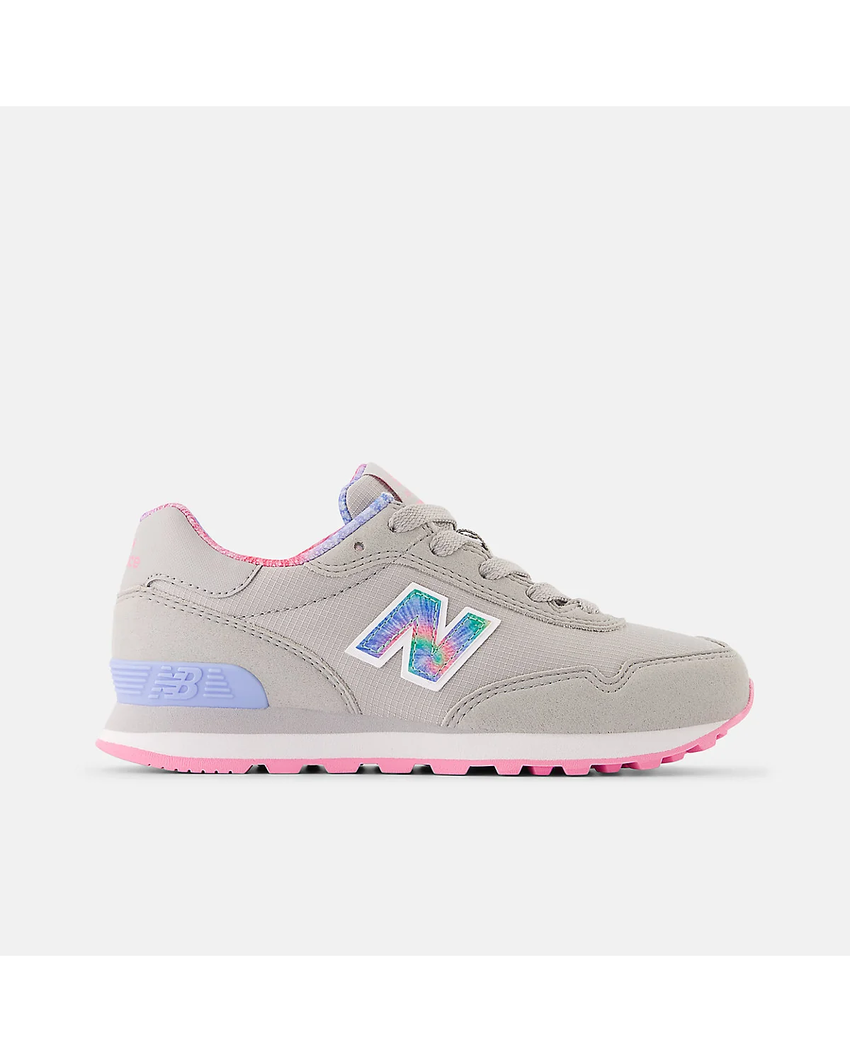 Кроссовки New Balance 515 Lace серо-розовые с голубыми деталями, вид сбоку.