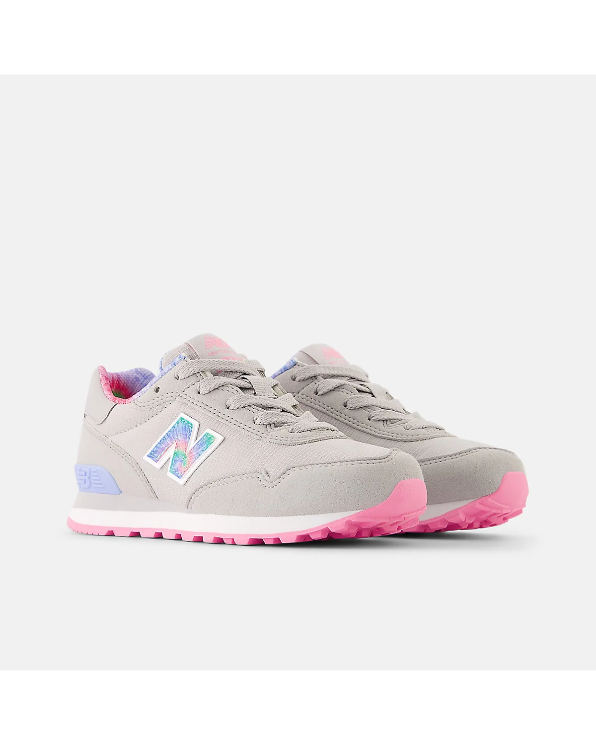 Кроссовки New Balance 515 Lace розовые с серым, трехчетвертной вид сбоку.