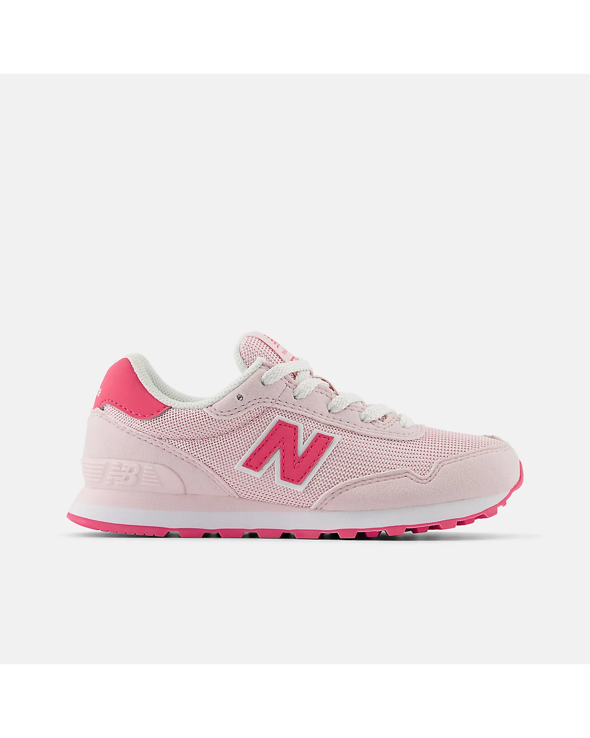 Кроссовки New Balance 515 розовые с ярким логотипом, вид сбоку.