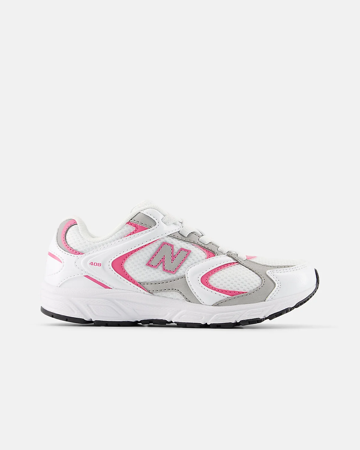 Кроссовки New Balance 408 Bungee белые с серебристыми деталями, вид сбоку.