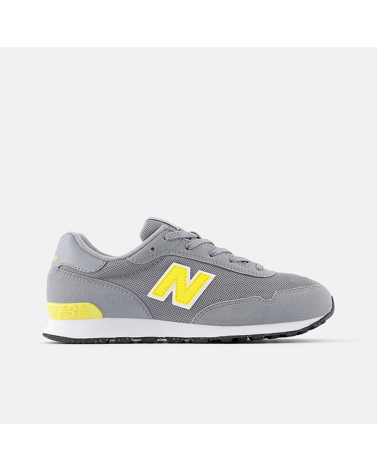 Кроссовки New Balance 515 Lace серые с желтым логотипом, вид сбоку.