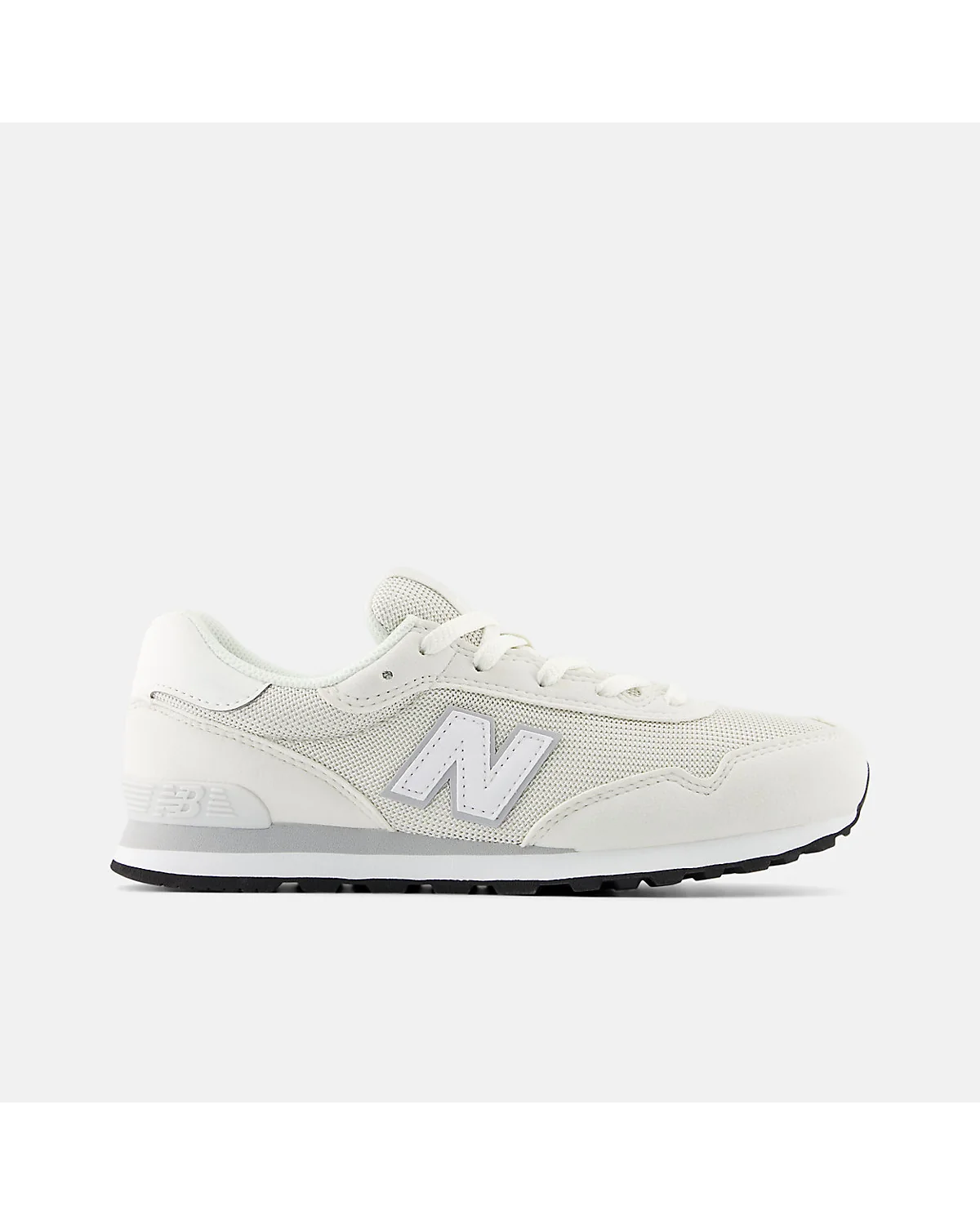 Кроссовки New Balance 515 Lace серебристо-белые с чёрной подошвой, вид сбоку