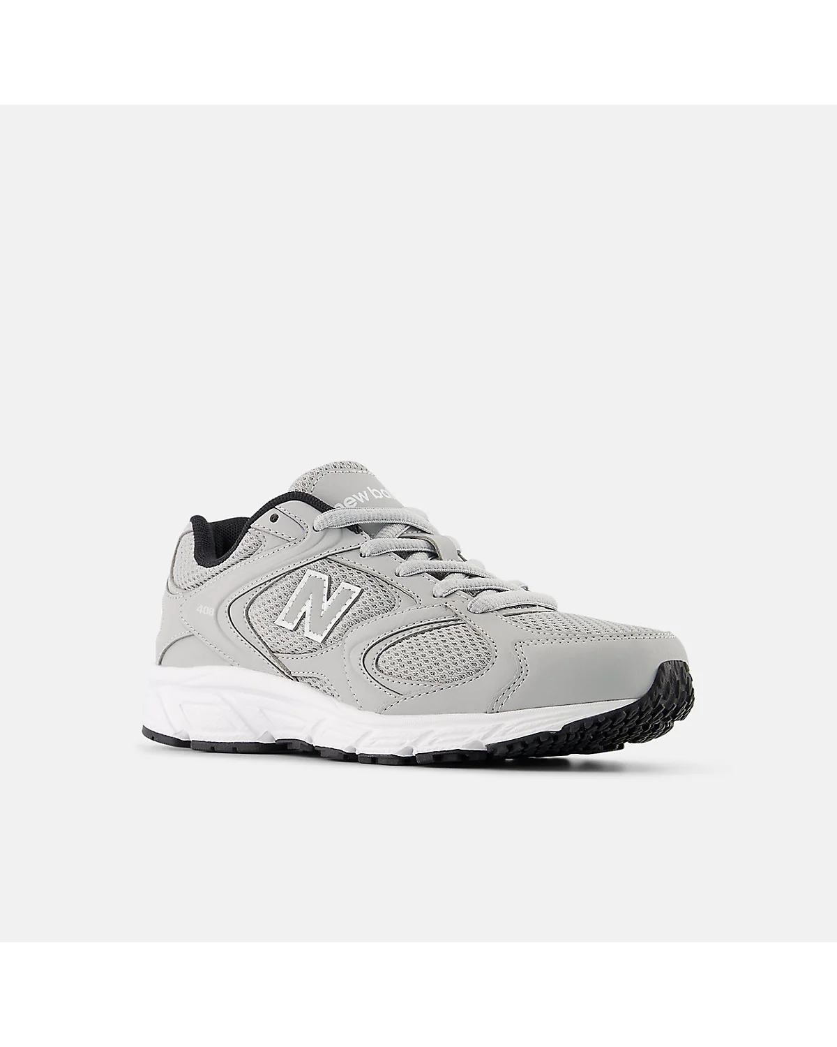 Кроссовки New Balance 408 Lace серые, трёхчетвертной вид с чёрной пяткой