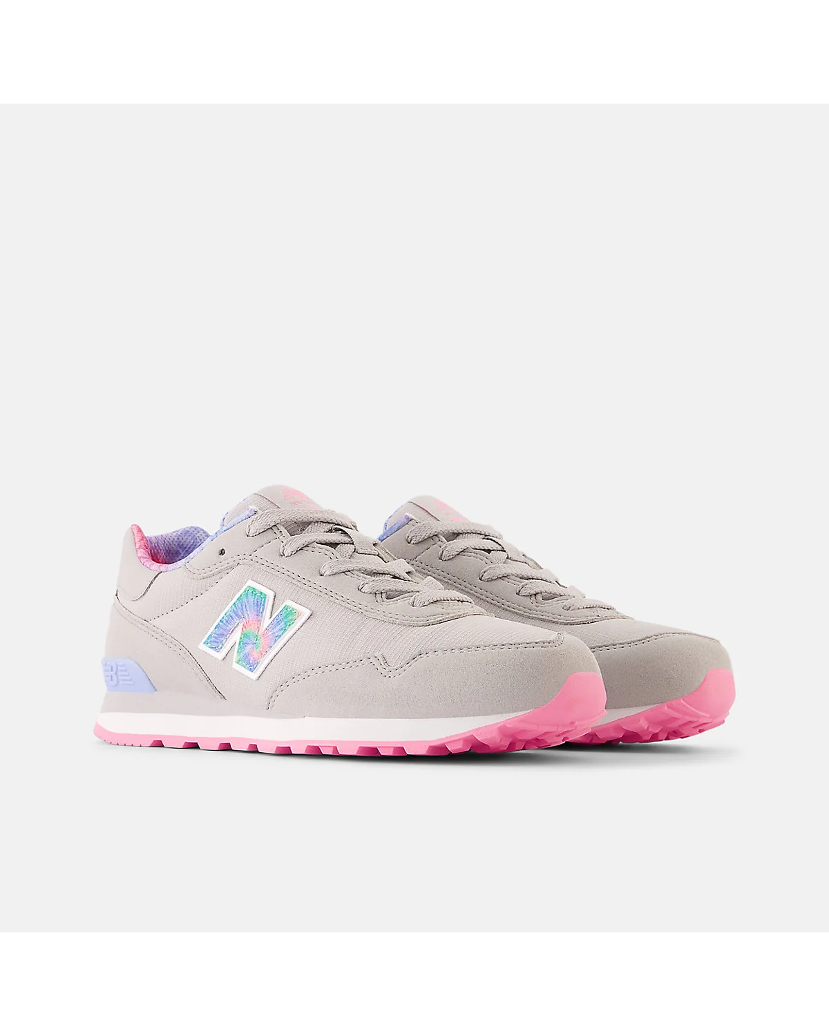 Детские кроссовки New Balance 515 розовые с переливающимся логотипом, боковой вид