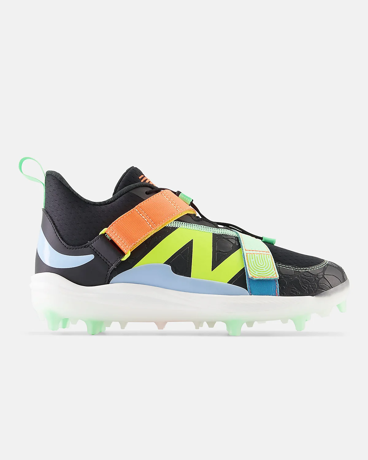 Бело-жёлто-синие шиповки New Balance FuelCell Lindor 2 Comp, вид сбоку.
