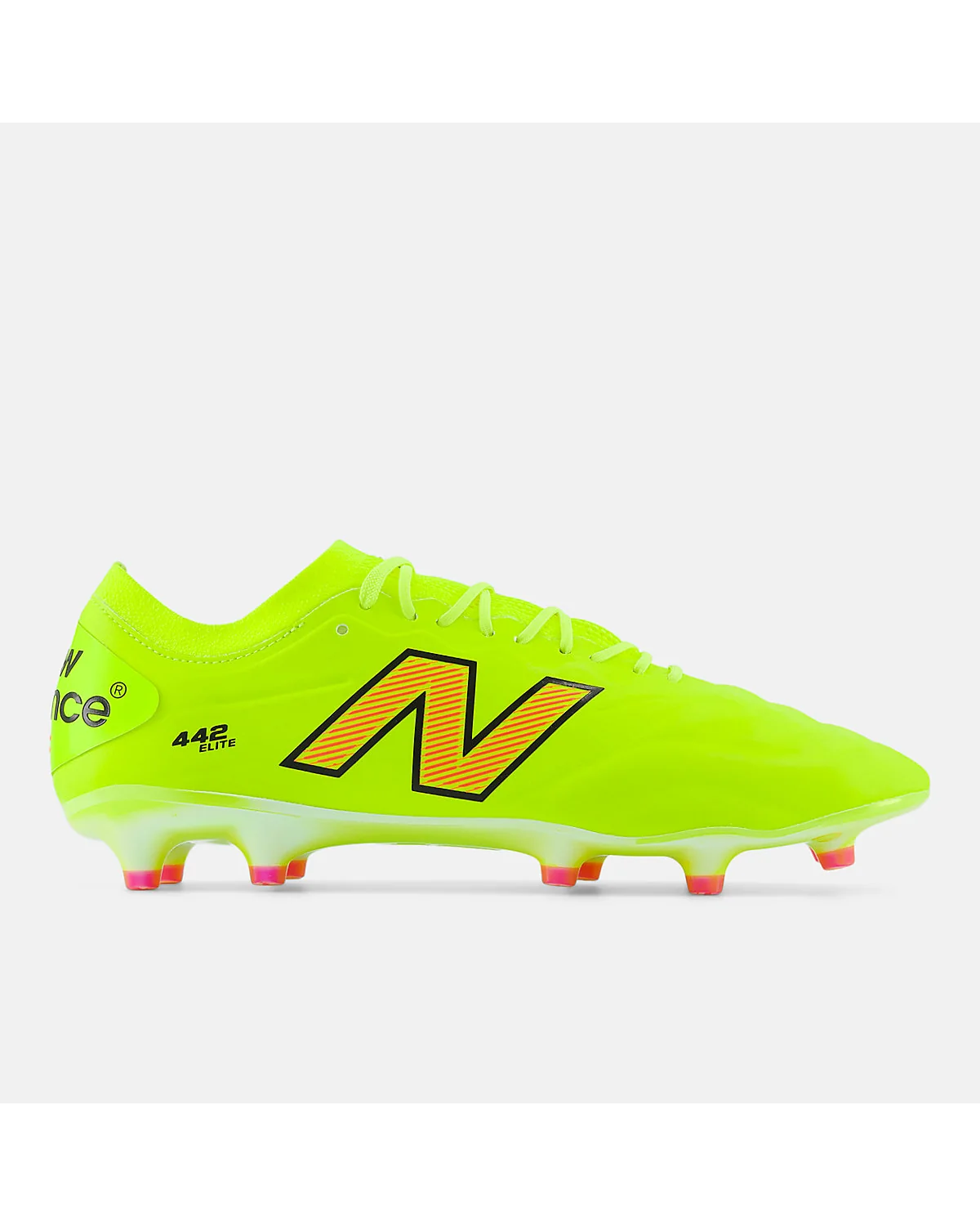 Неоновые жёлто-оранжевые бутсы New Balance 442 Elite FG V2, вид сбоку