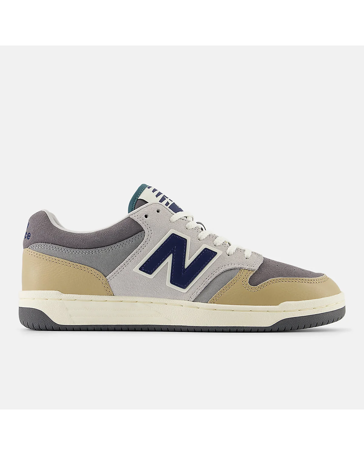 Серо-бежевые кроссовки New Balance 480 с жёлтыми деталями, вид сбоку
