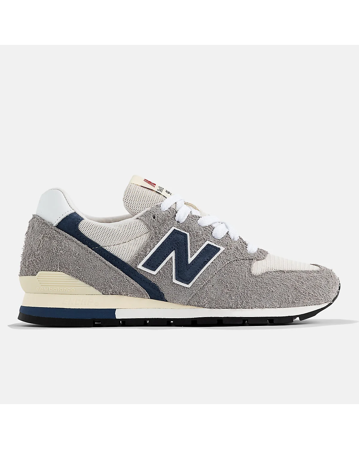 Кроссовки New Balance Made in USA 996 светло-серые с индиго, вид сбоку.