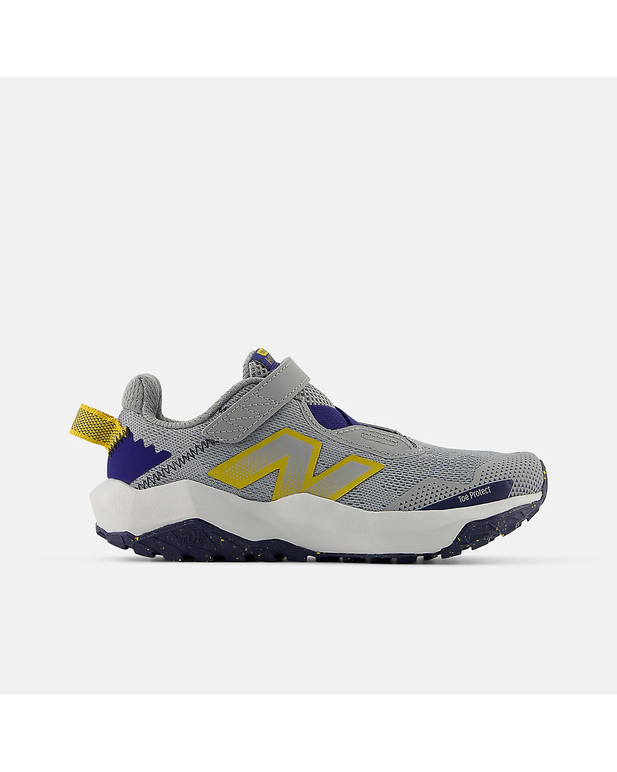 Серо-синие кроссовки New Balance DynaSoft Nitrel v6 с жёлтым логотипом, вид сбоку.