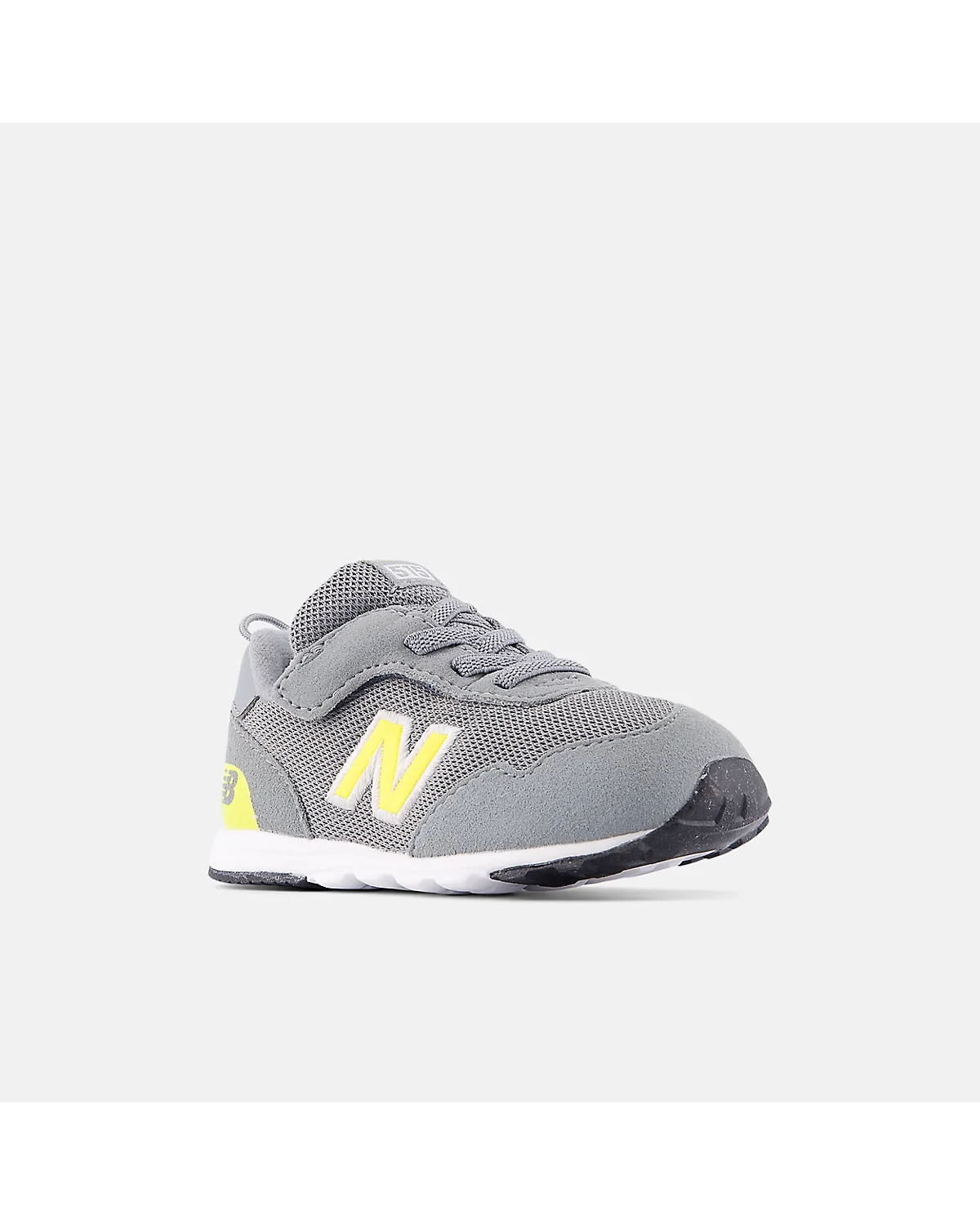 Детские кроссовки New Balance 515 серо-жёлтые с липучкой, угловой вид.