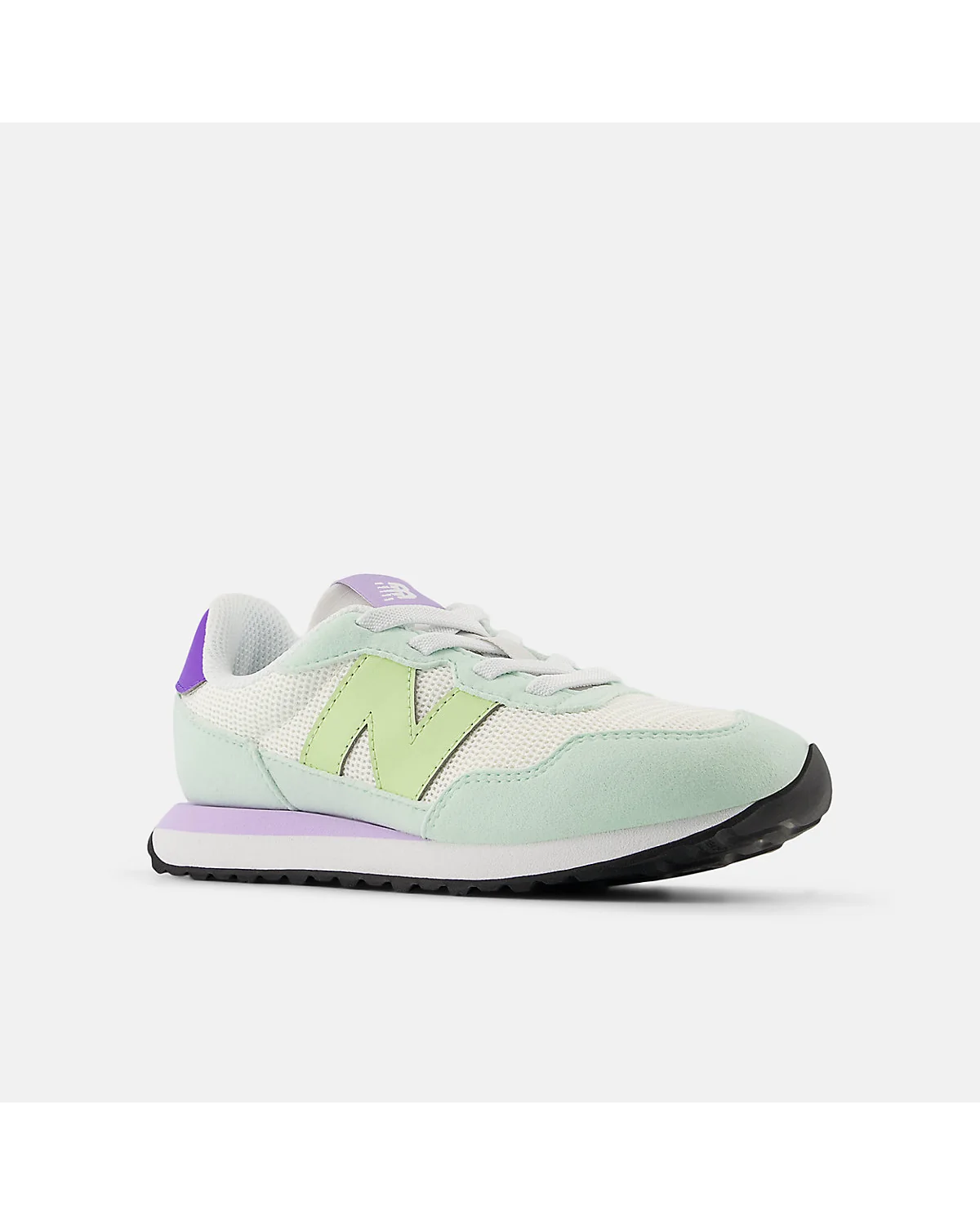 Детские кроссовки New Balance 237 мятно-фиолетовые на резинке, боковой угол.