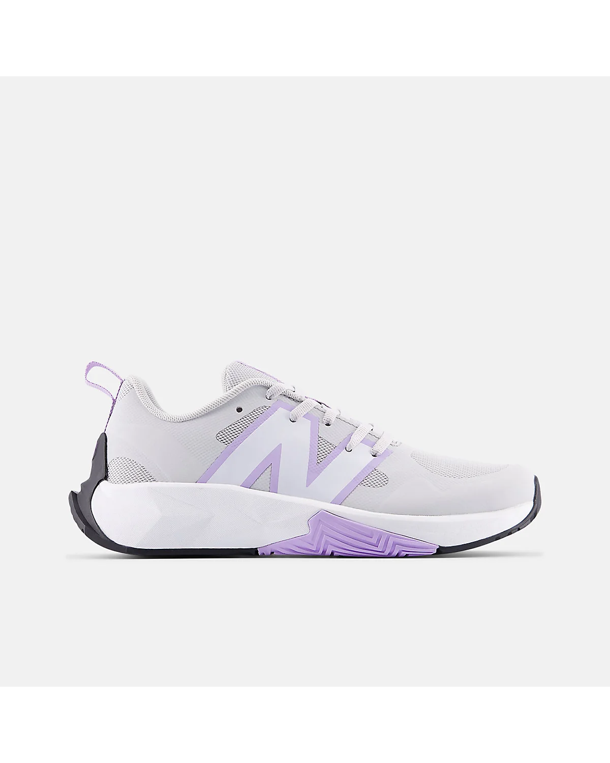 Детские кроссовки New Balance серые с сиреневыми вставками, вид сбоку