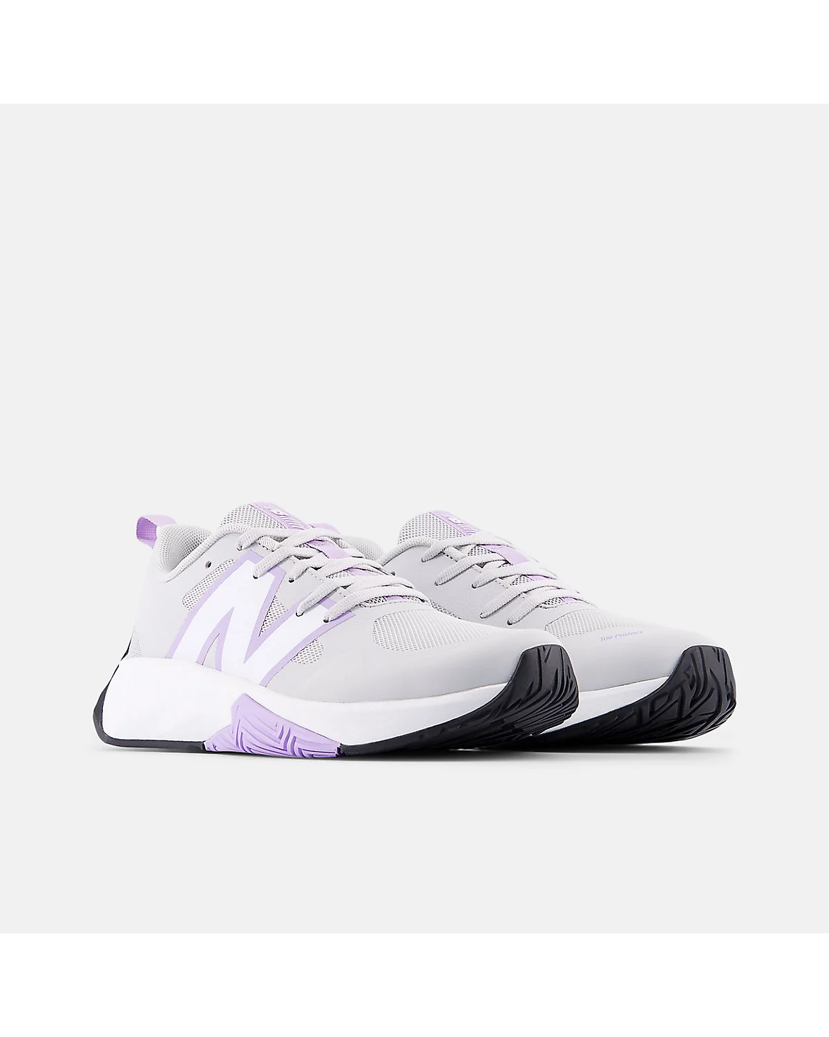 Детские кроссовки New Balance серые с сиреневыми вставками, вид спереди
