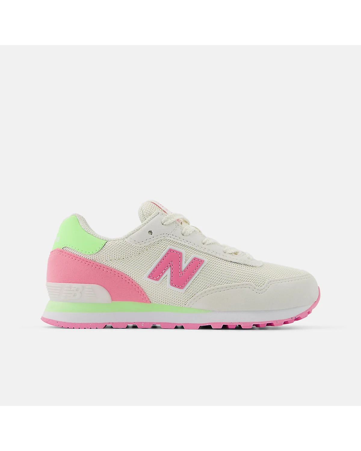 Детские кроссовки New Balance бежевые с розовым логотипом и неоновой подошвой, вид сбоку