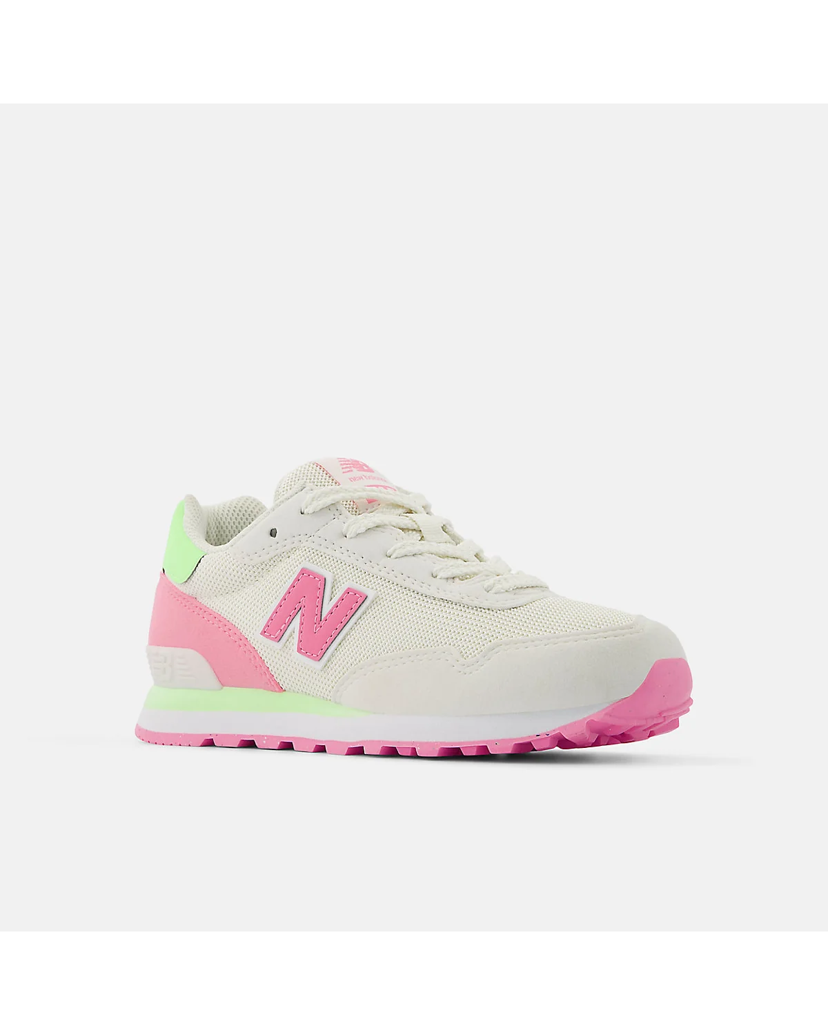 Детские кроссовки New Balance бежевые с розовым логотипом и неоновой подошвой, вид спереди