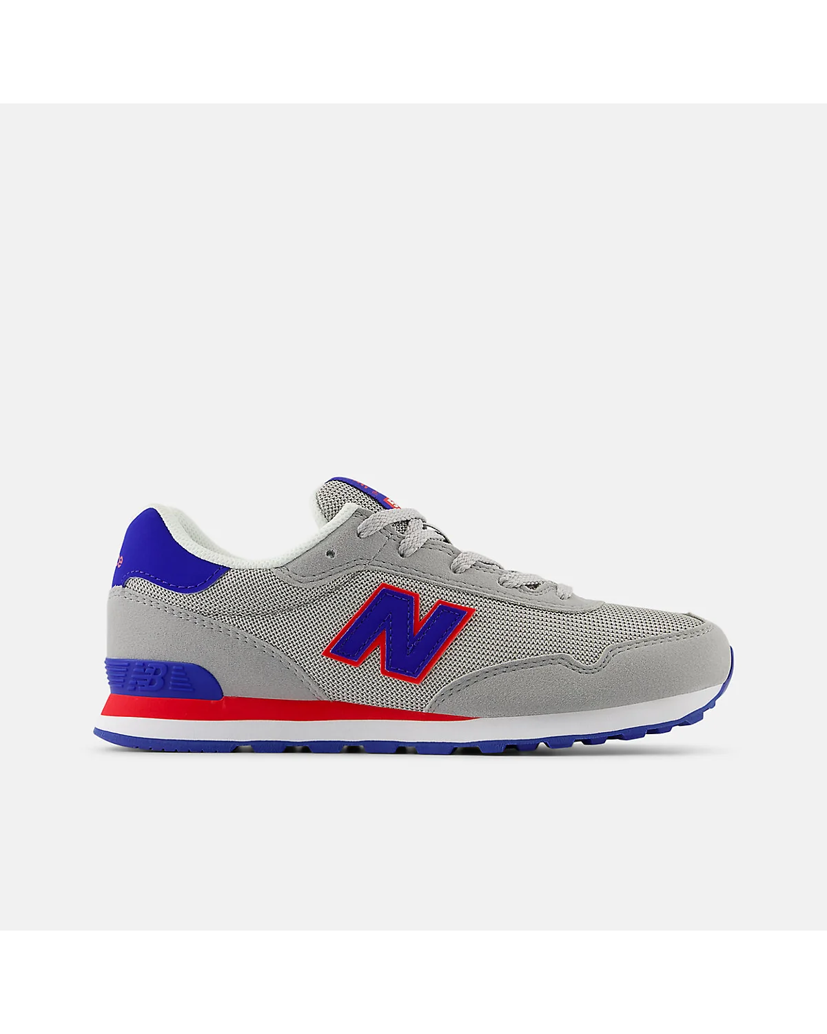 Серо-голубые кроссовки New Balance 515 с красным логотипом, вид сбоку
