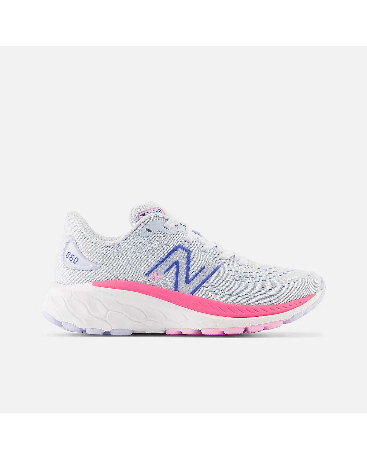 Белые кроссовки New Balance 860v13 с розовой подошвой, боковой профиль.