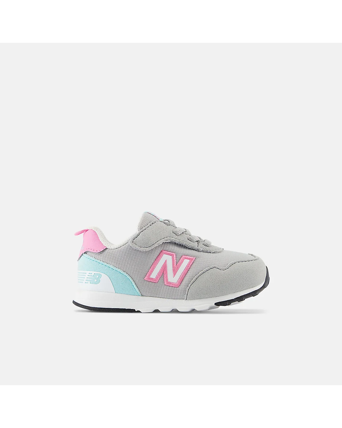 Серые кроссовки New Balance 515 для малышей с розовым, боковой вид.