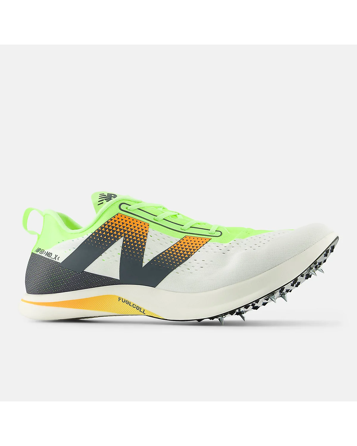 Белые с лаймовым беговые шиповки New Balance SuperComp MD-X v3, вид сбоку