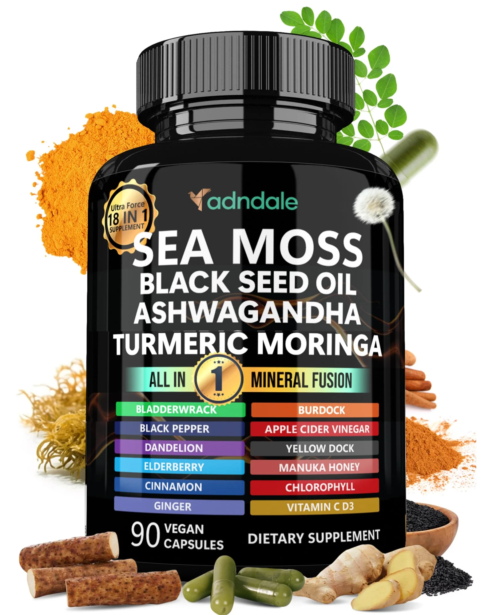 Adndale Sea Moss — капсулы с ашвагандой и куркумой, 90 шт — 1