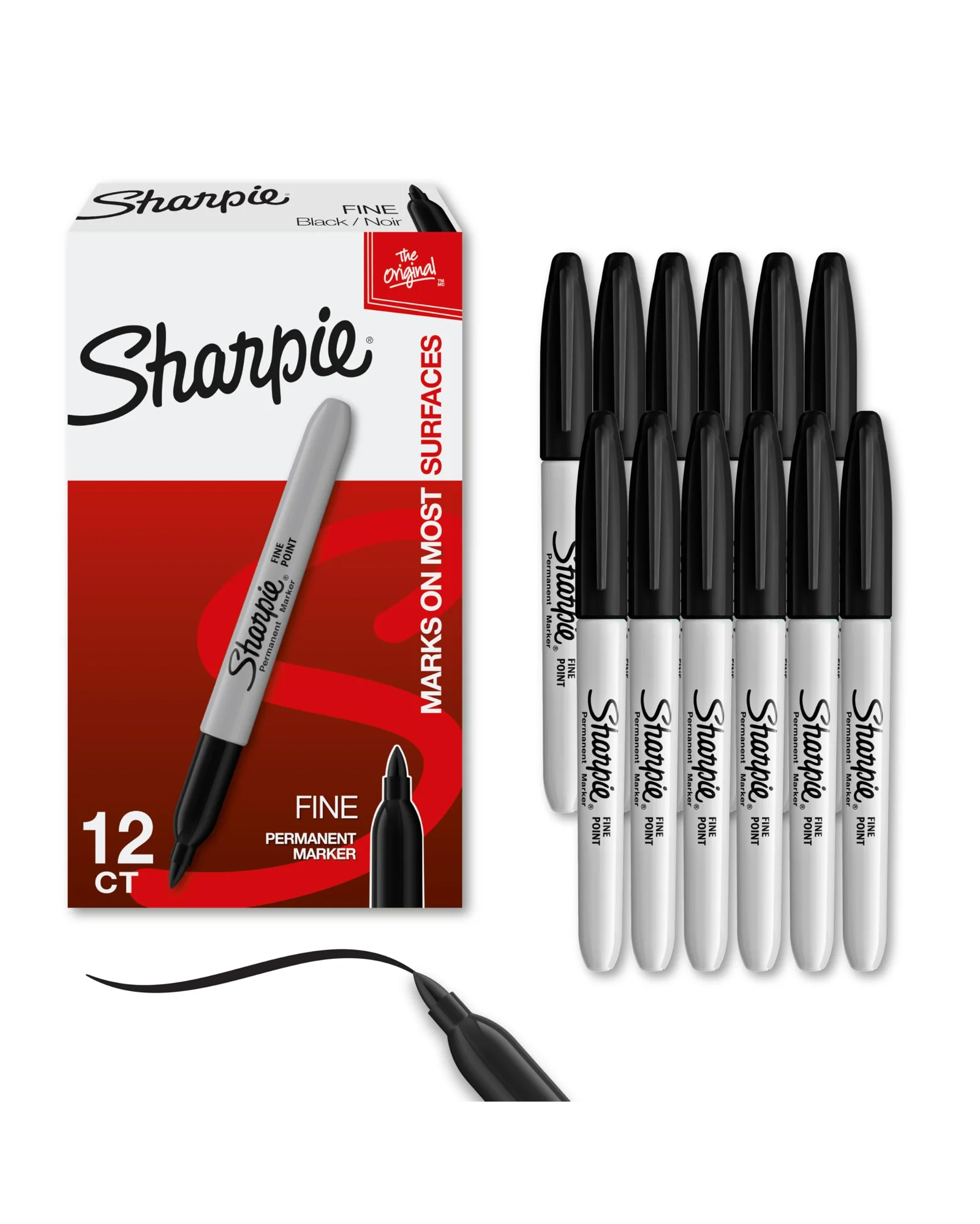 Sharpie перманентные маркеры, тонкий наконечник, чёрные, 12 штук — черный