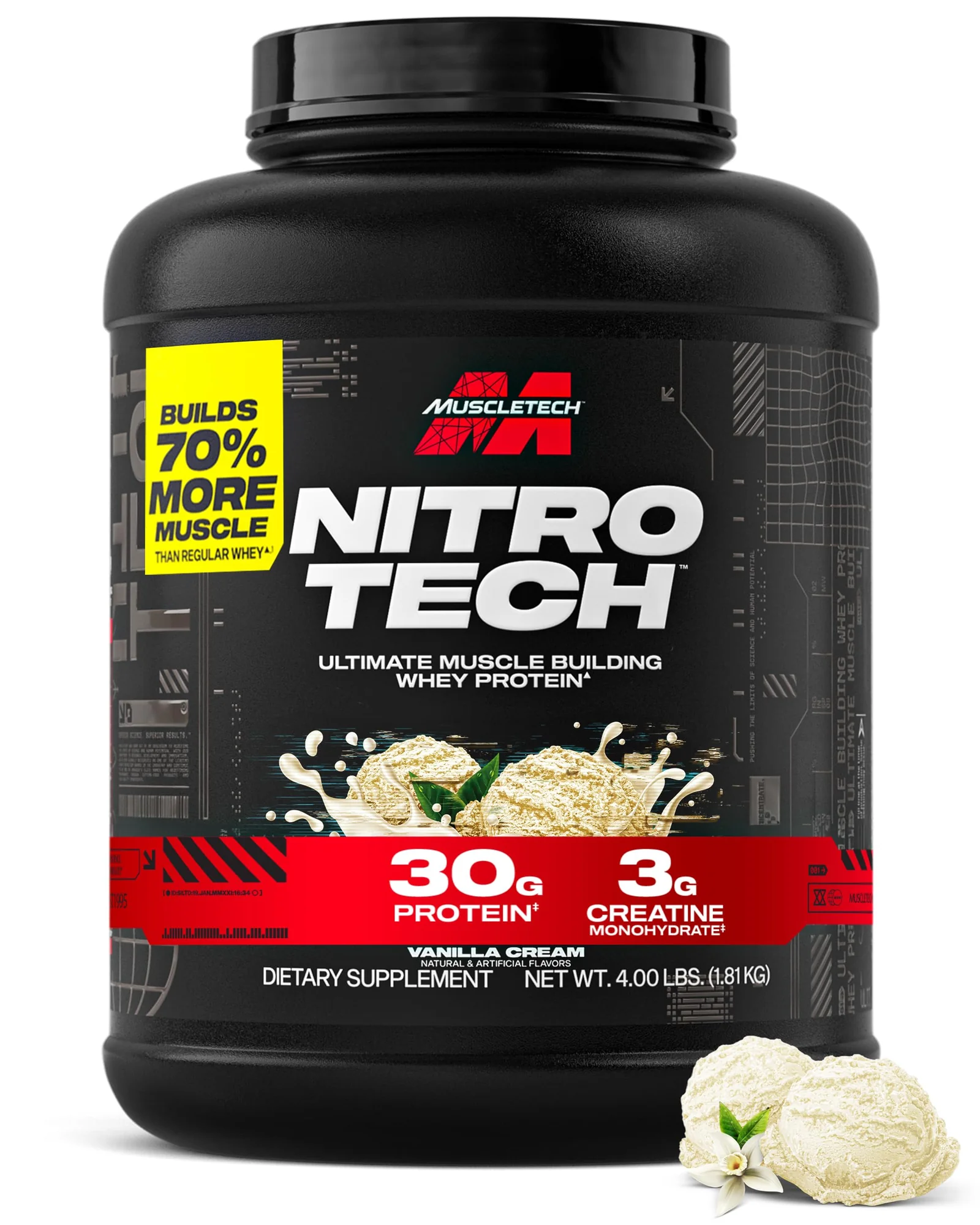 Muscletech Nitro-Tech Ultimate протеиновый порошок, Vanilla Cream, 4 lb — черный