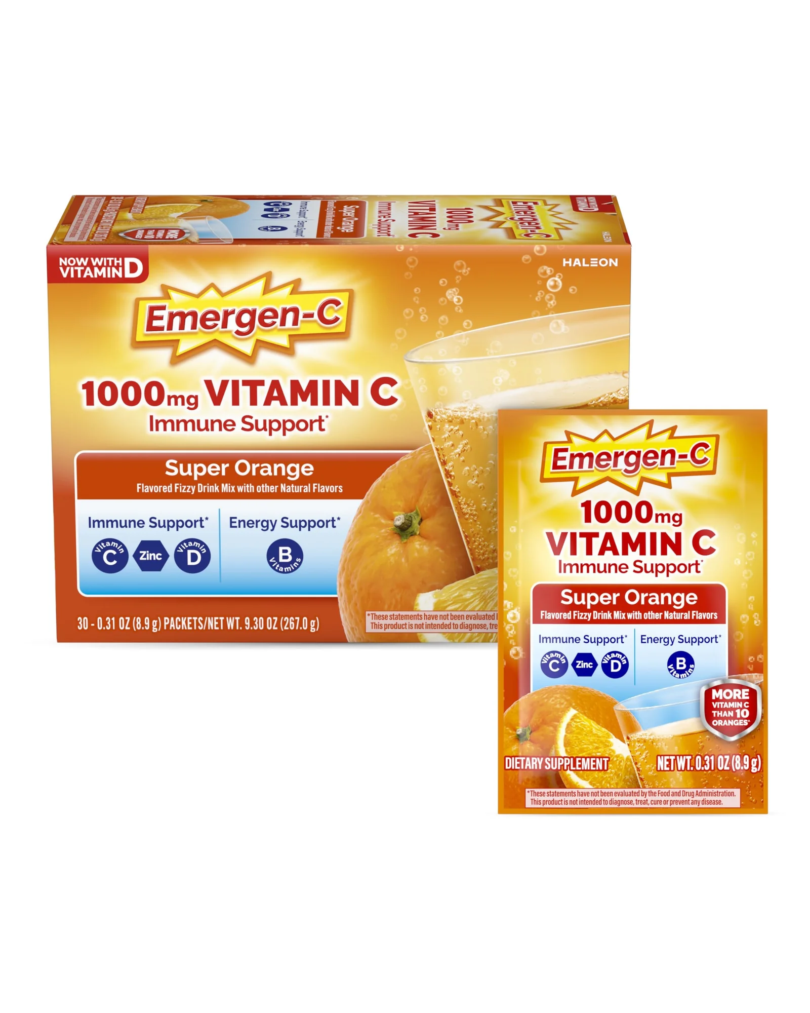 Emergen-C витамин C 1000 мг в порошке с цинком и витаминами группы B, апельсиновый вкус, 30 пакетиков — 1
