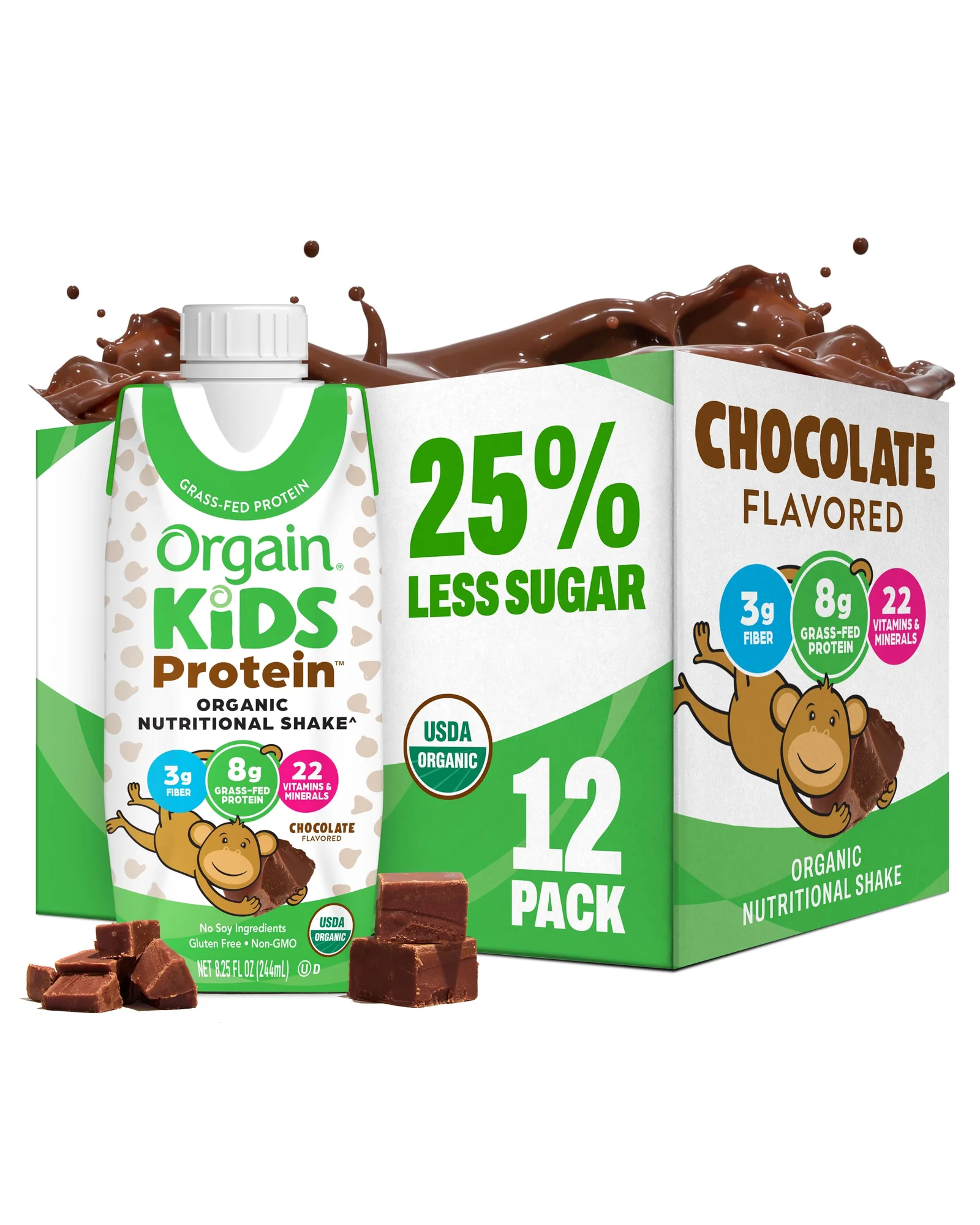 Orgain Organic Kids Protein Shake Chocolate молочный напиток с травой, 8г белка, 12 шт — коричневый