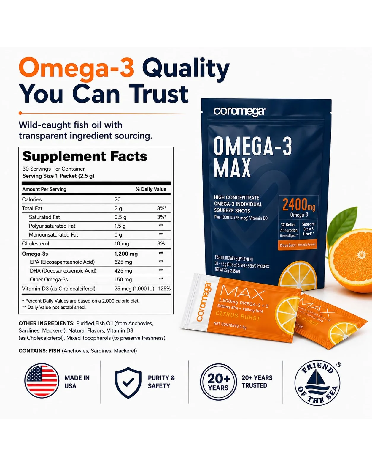 Coromega MAX 2400mg Омега-3 Рыбий жир с витамином D — 7