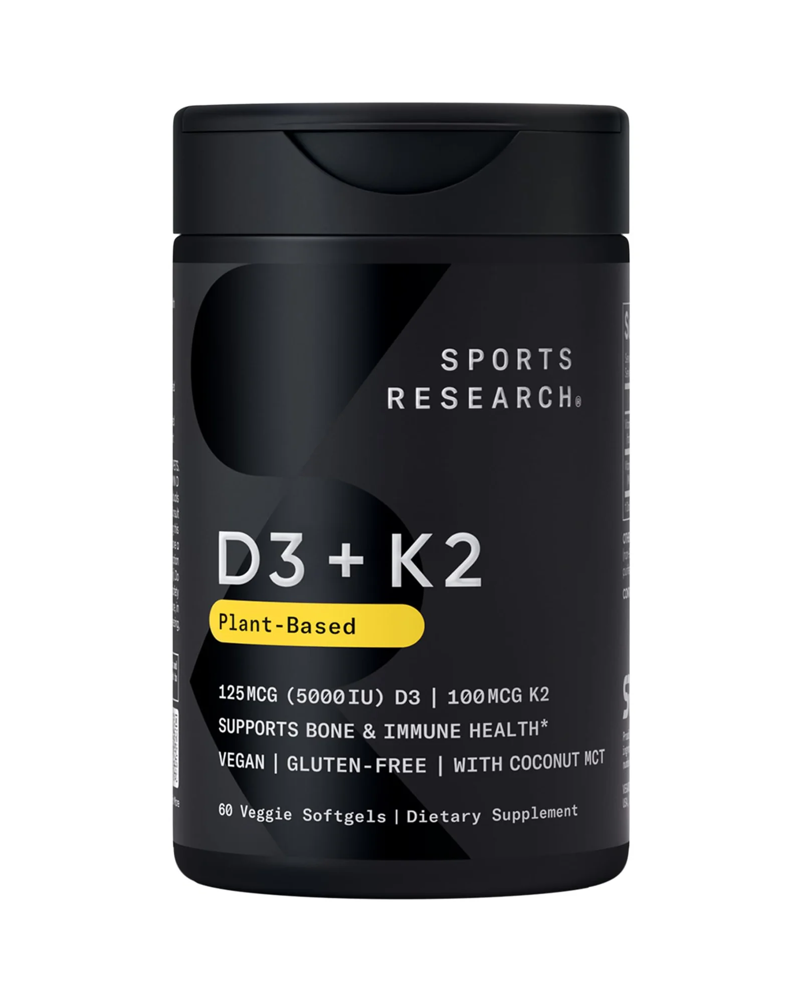 Sports Research Витамин D3 + K2 с кокосовым маслом, веганский, 60 капсул — черный