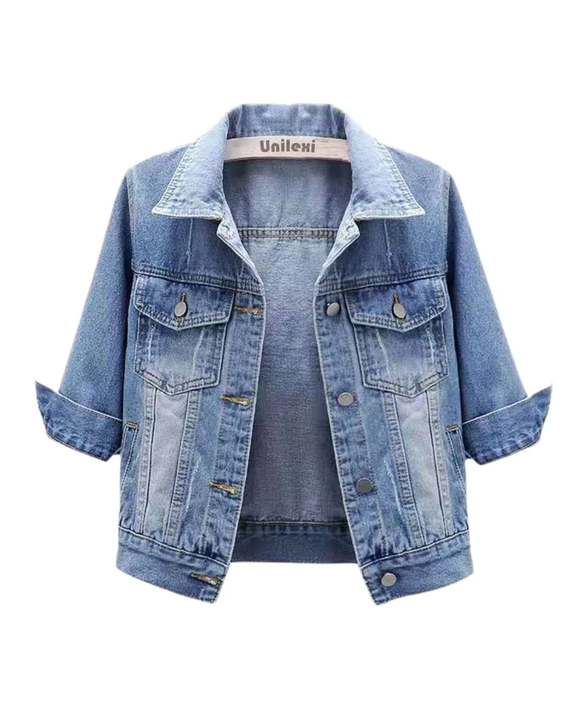 Unilexi Women's 3/4 Sleeve Colored Cropped Denim Jacket — 1