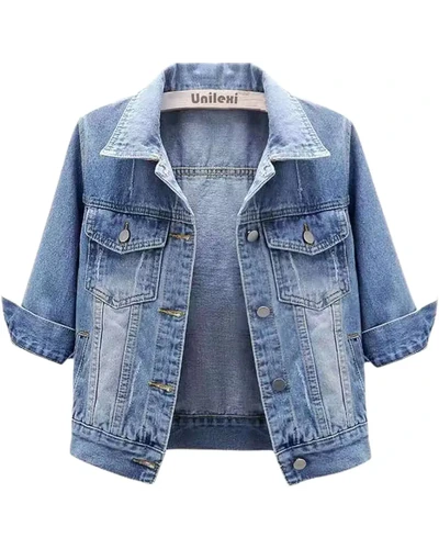 Unilexi Women's 3/4 Sleeve Colored Cropped Denim Jacket