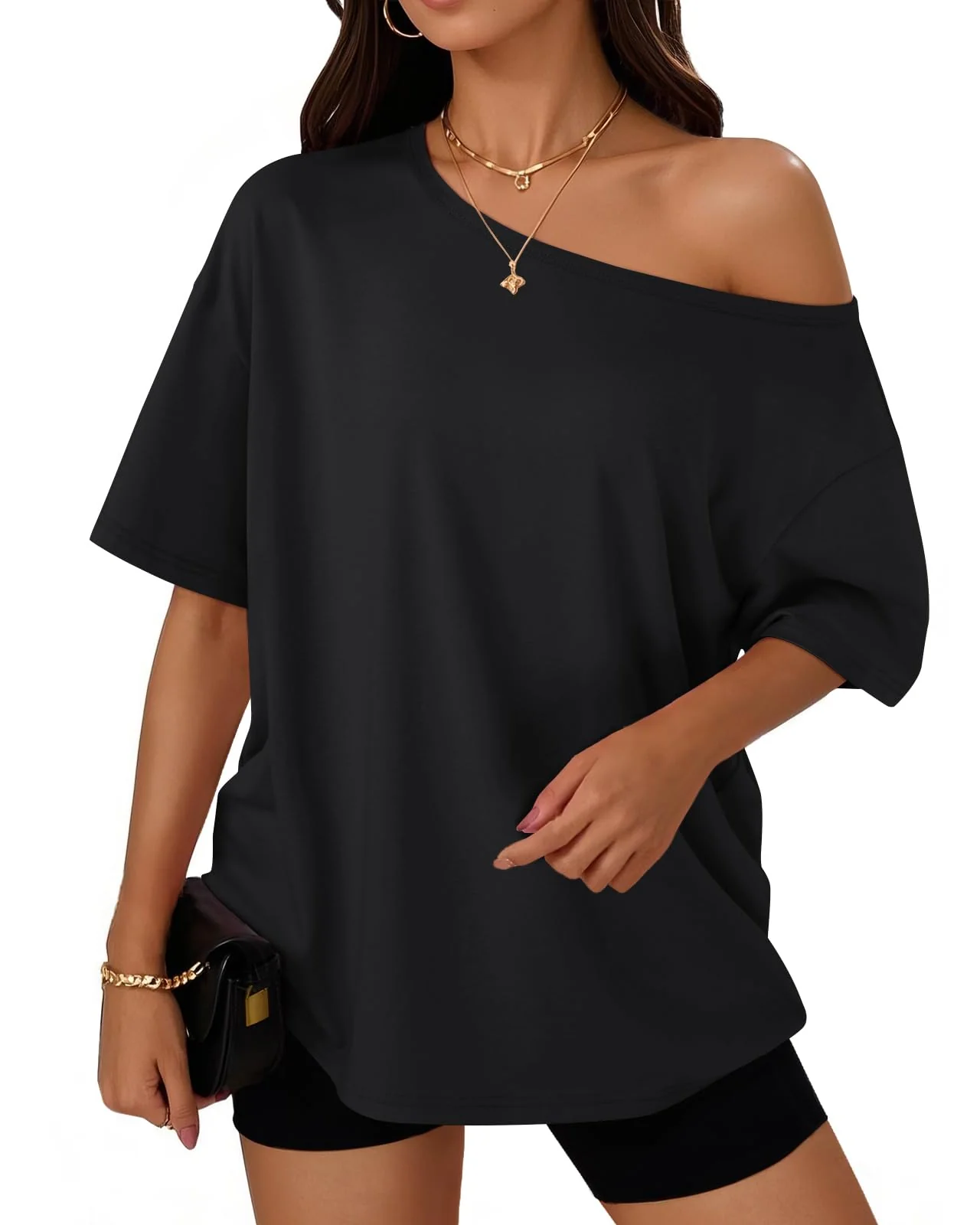 Trendy Queen женская футболка oversize с открытым плечом — черный