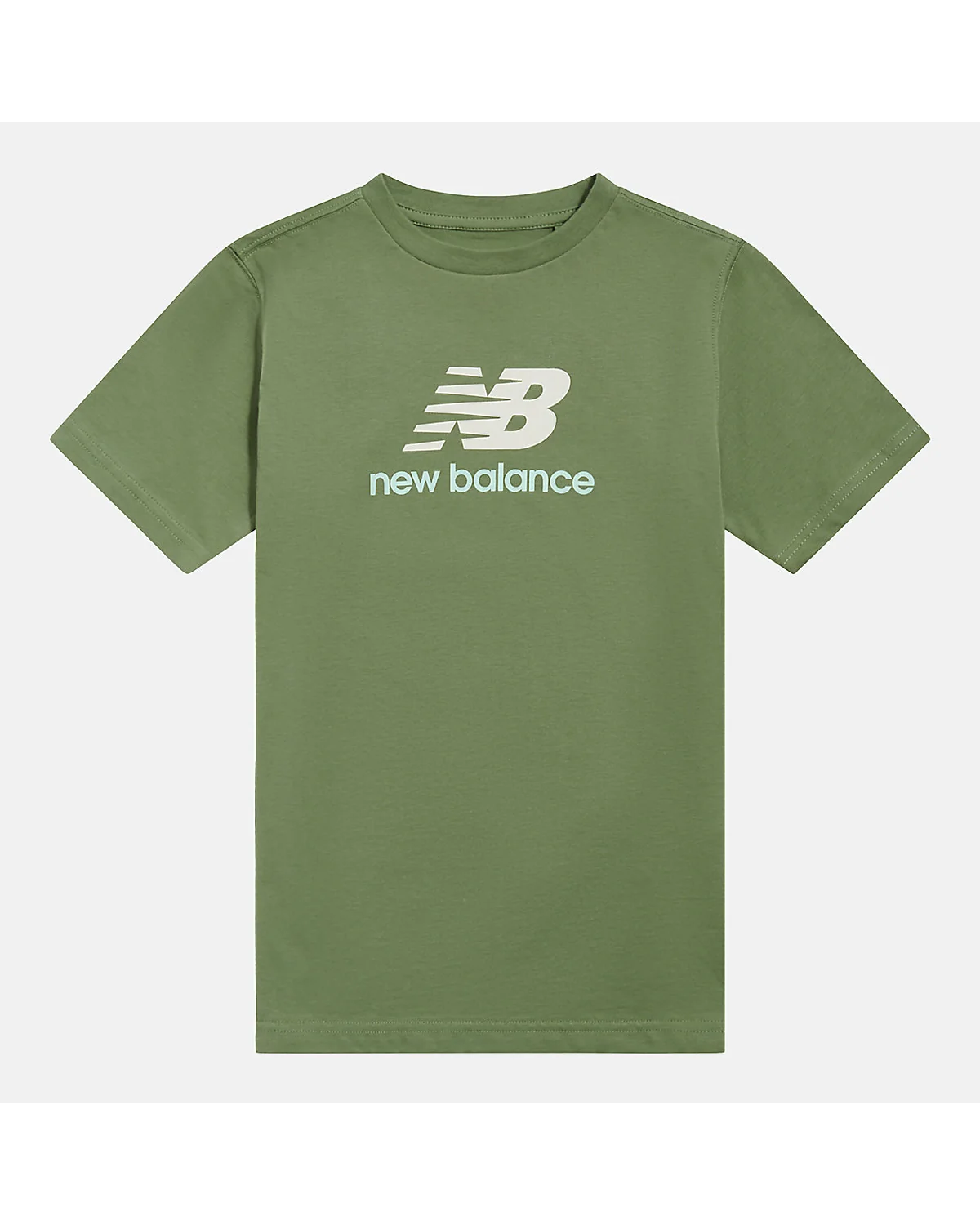 Зелёная детская футболка New Balance из джерси цвета орегано, вид спереди.