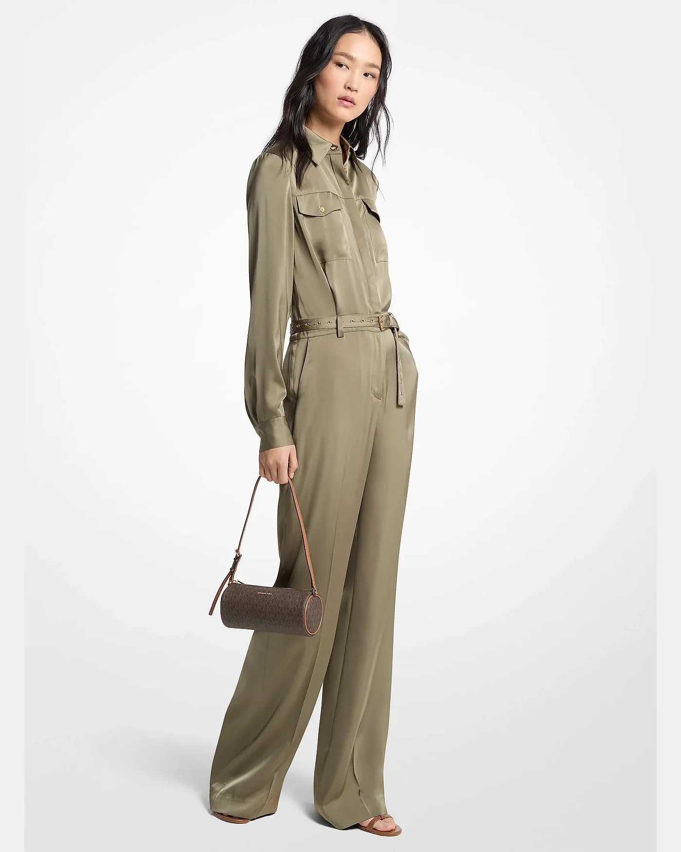 Атласный комбинезон Michael Kors с поясом, хаки — 1