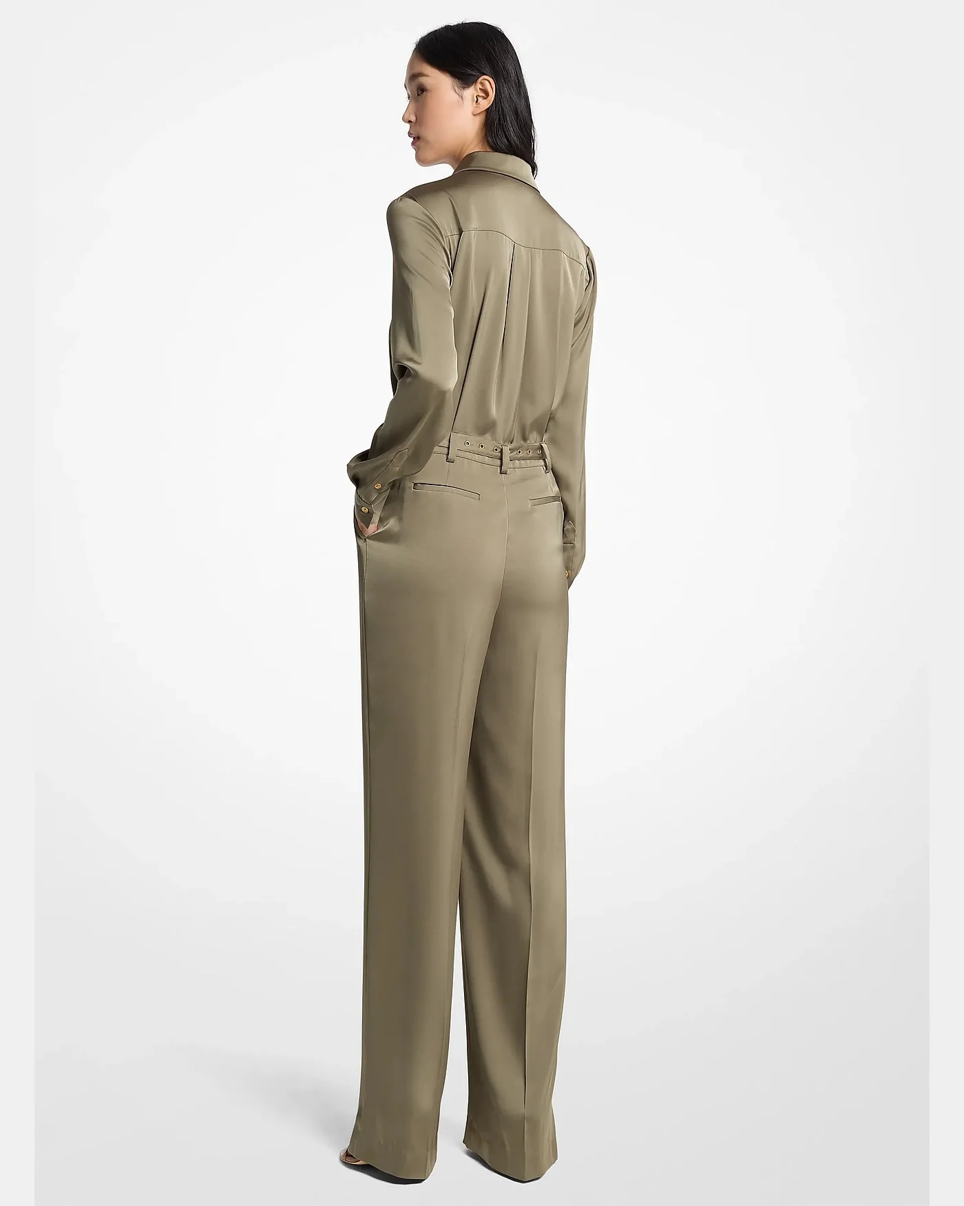 Атласный комбинезон Michael Kors с поясом, хаки — 2
