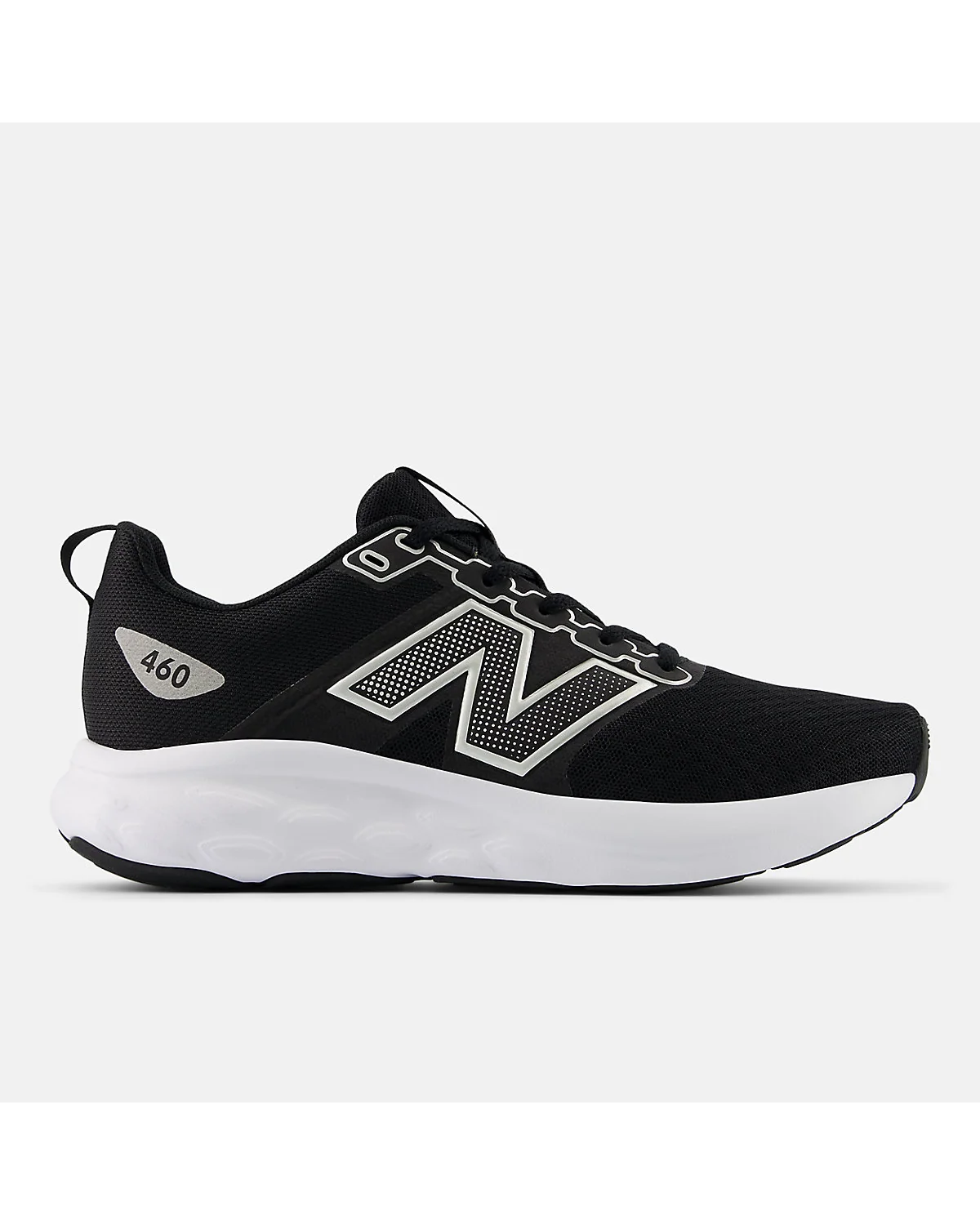 Чёрные кроссовки New Balance 460v4 с серебристым металликом, вид сбоку.