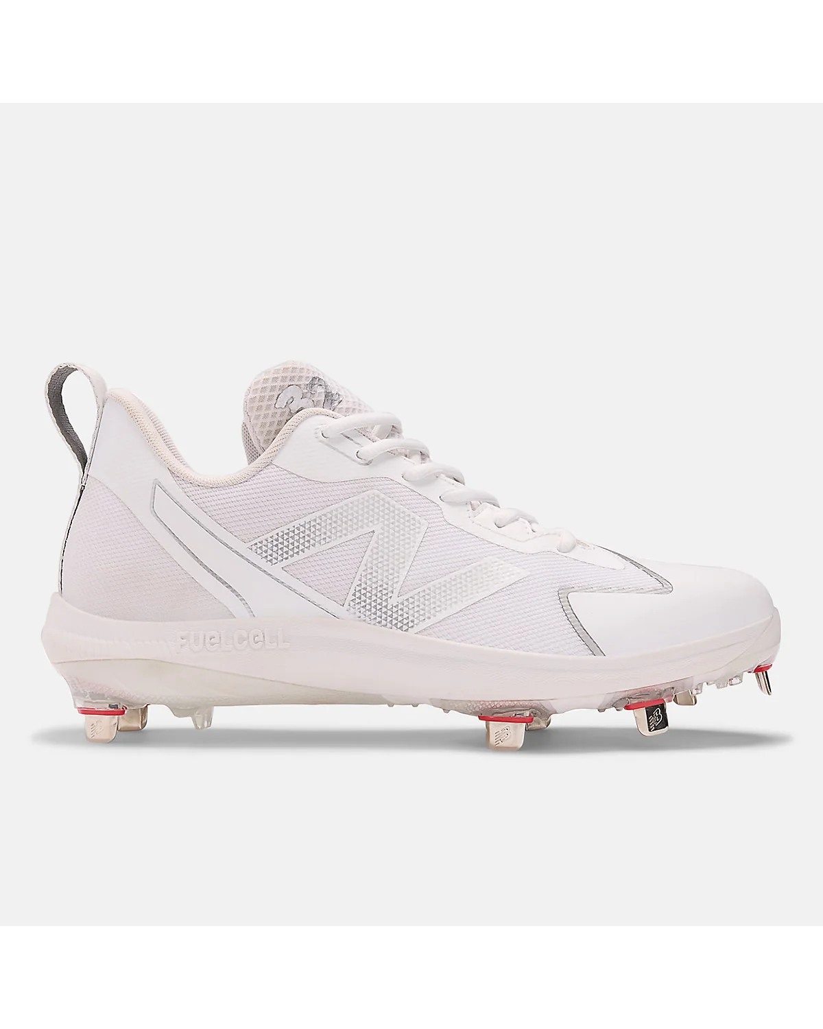 Белые софтбольные кроссовки New Balance FuelCell Romero Duo с розовыми шипами.