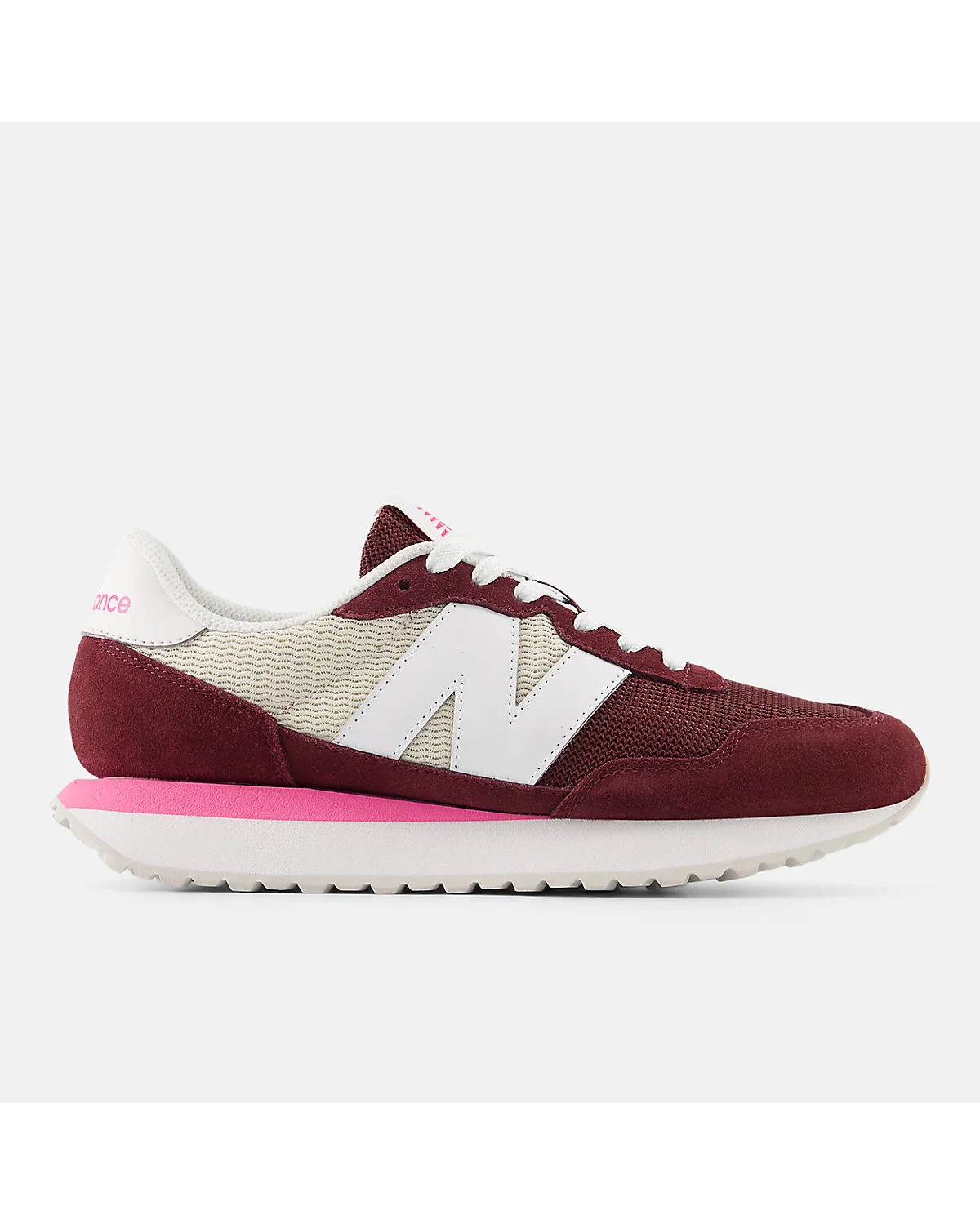 Кроссовки New Balance 237 бордово-бежево-розовые, фронтальный вид.