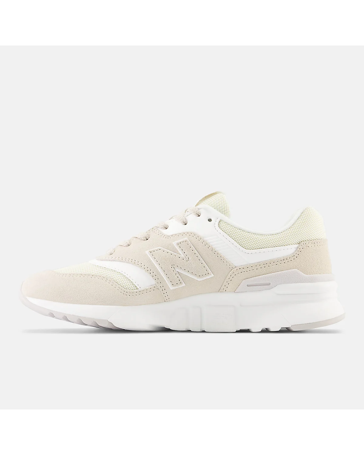 Крупный план материалов и деталей кроссовки New Balance 997H серо-бежевого цвета.