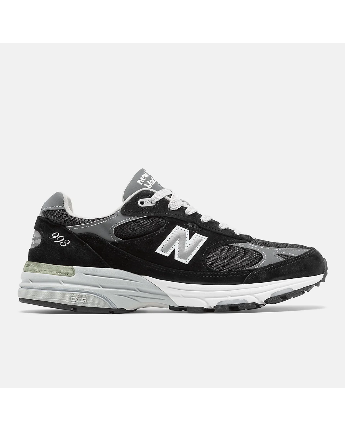 Кроссовки New Balance Made in USA 993 чёрно-серые с белым логотипом, вид сбоку.